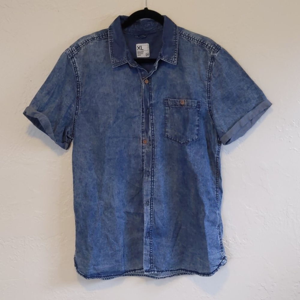 Short-sleeve button-up imitation denim